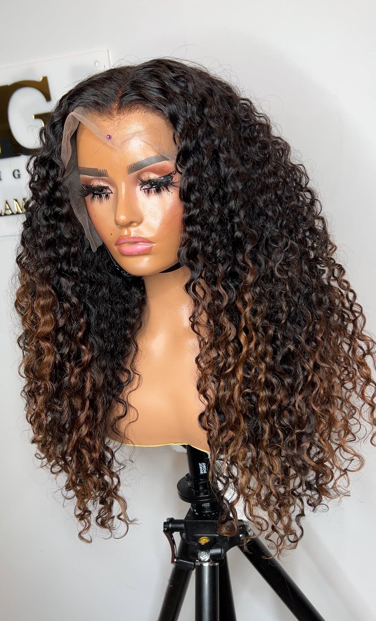13*4 CUSTOM COLOR UNIT BURMESE  CURLY BLACK WITH BLONDE HIGHLIGHTS READY TO SHIP