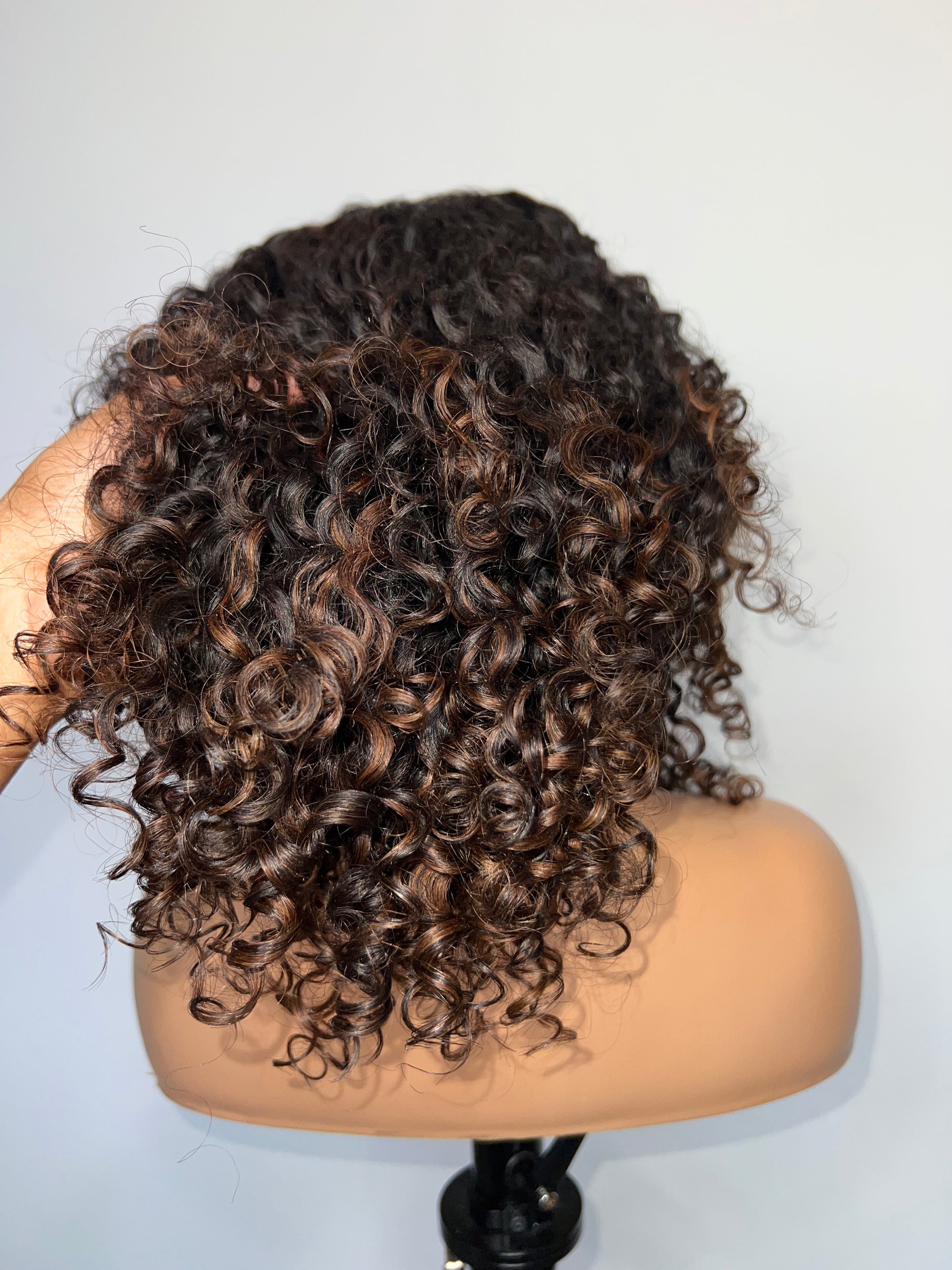 6*6 CUSTOM COLOR UNIT BURMESE  CURLY BLACK WITH HONEY BROWN HIGHLIGHTS READY TO SHIP