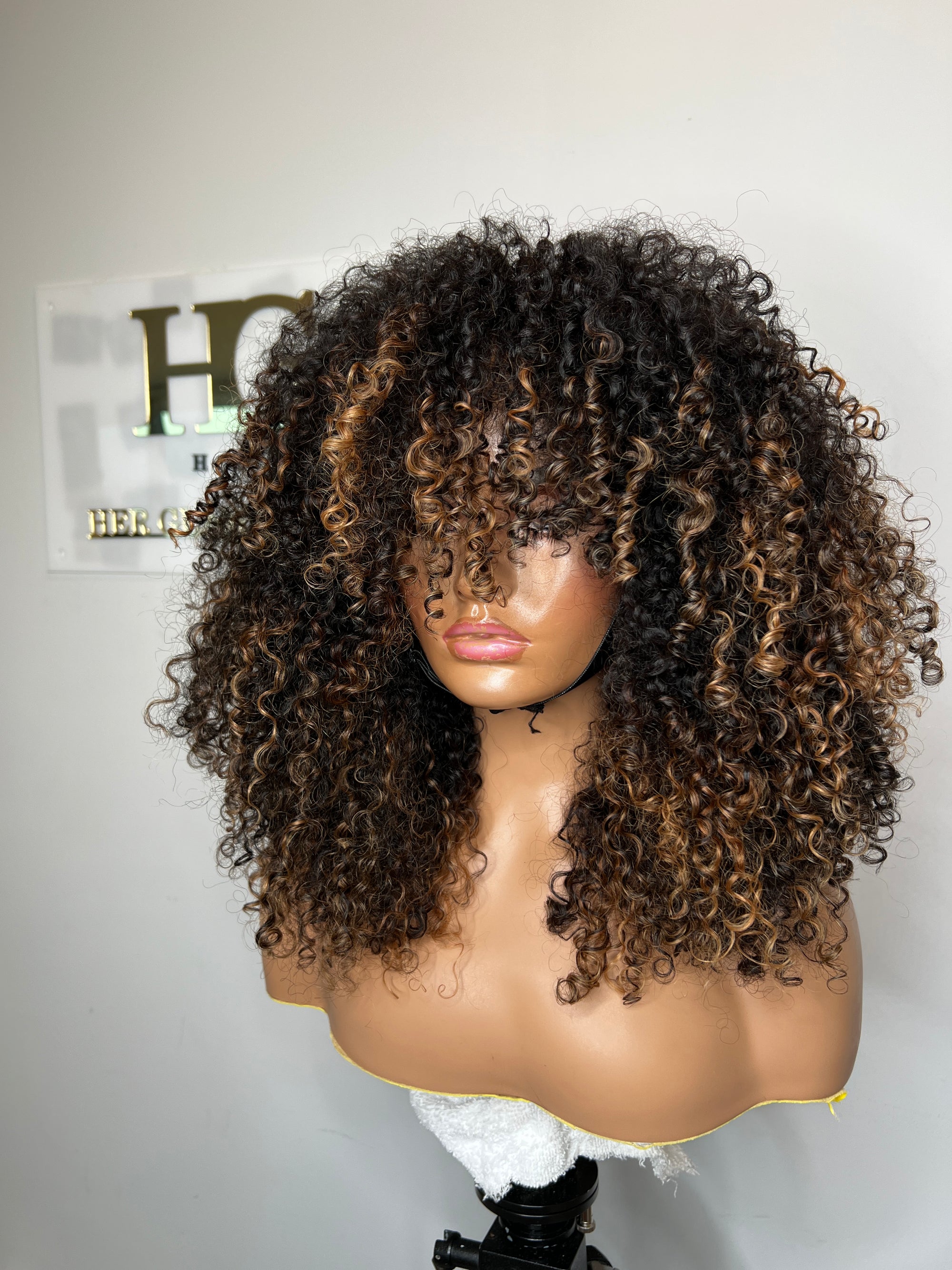 READY TO SHIP RAW ELITE KINKY CURLY 5*5 CLOSURE WIG 20” FRINGE WIG. CUSTOM COLORED BLONDE