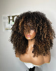 READY TO SHIP RAW ELITE KINKY CURLY 5*5 CLOSURE WIG 20” FRINGE WIG. CUSTOM COLORED BLONDE