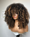 READY TO SHIP RAW ELITE KINKY CURLY 5*5 CLOSURE WIG 20” FRINGE WIG. CUSTOM COLORED BLONDE