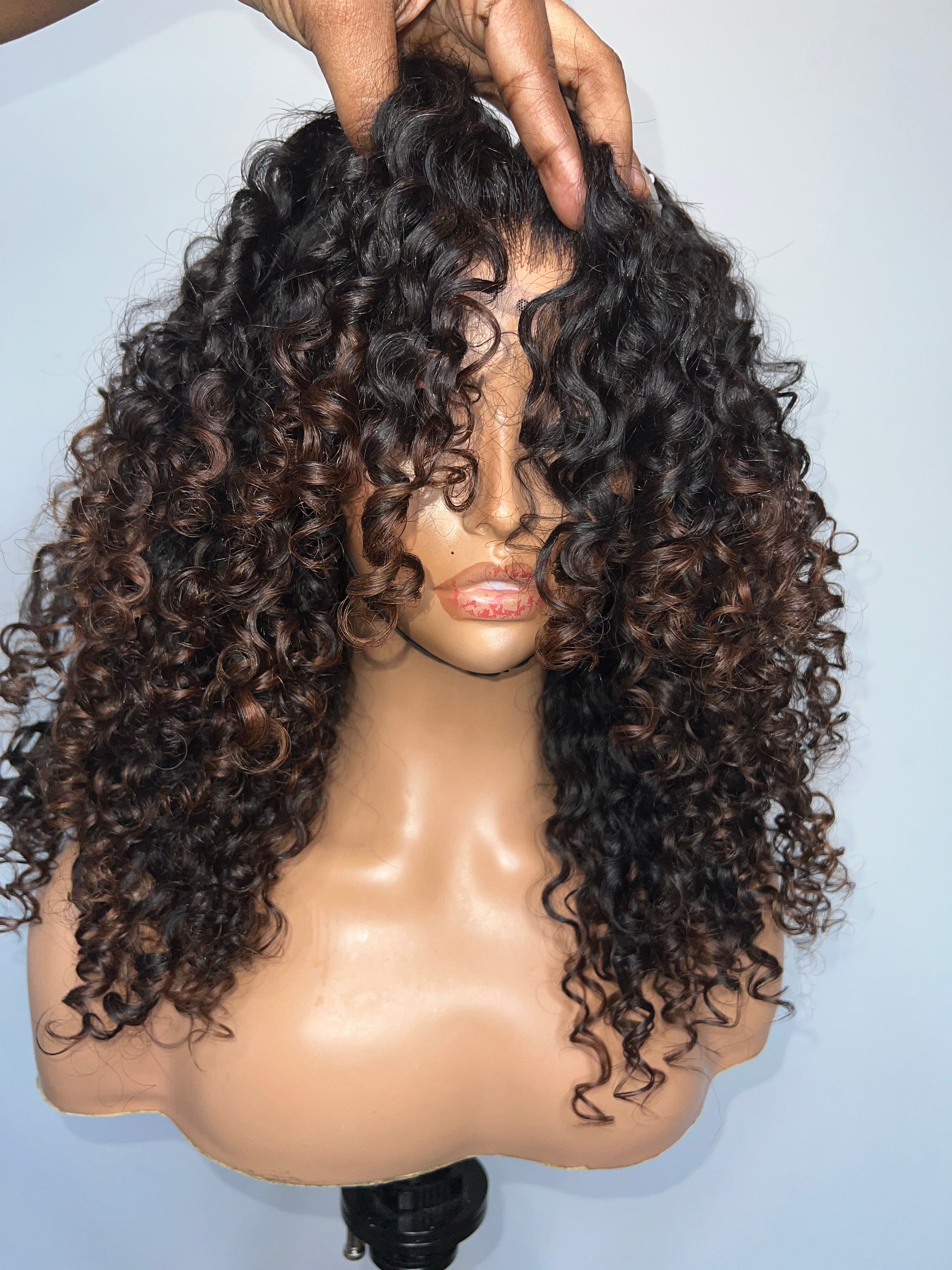 6*6 CUSTOM COLOR UNIT BURMESE  CURLY BLACK WITH HONEY BROWN HIGHLIGHTS READY TO SHIP