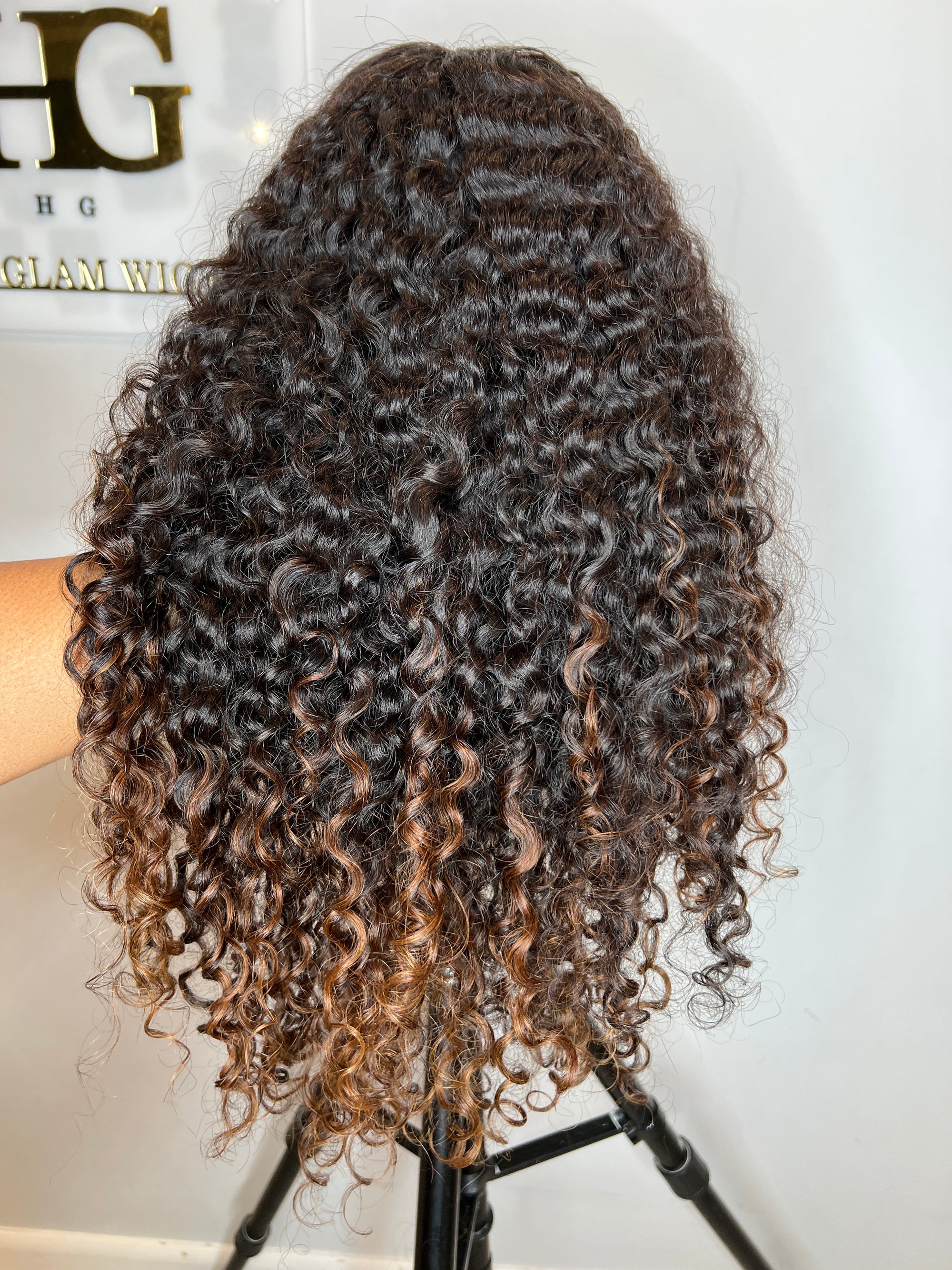 13*4 CUSTOM COLOR UNIT BURMESE  CURLY BLACK WITH BLONDE HIGHLIGHTS READY TO SHIP