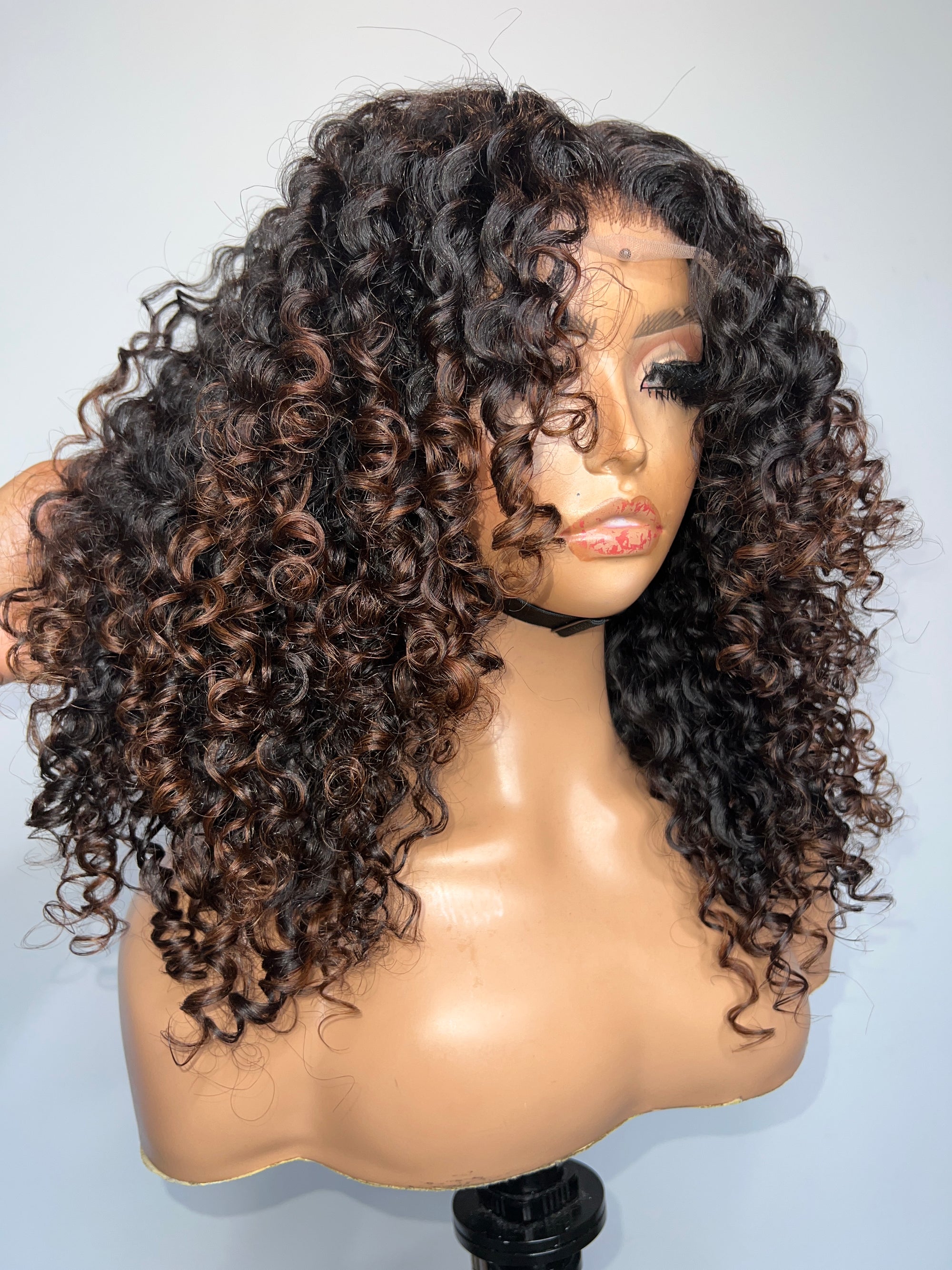 6*6 CUSTOM COLOR UNIT BURMESE  CURLY BLACK WITH HONEY BROWN HIGHLIGHTS READY TO SHIP