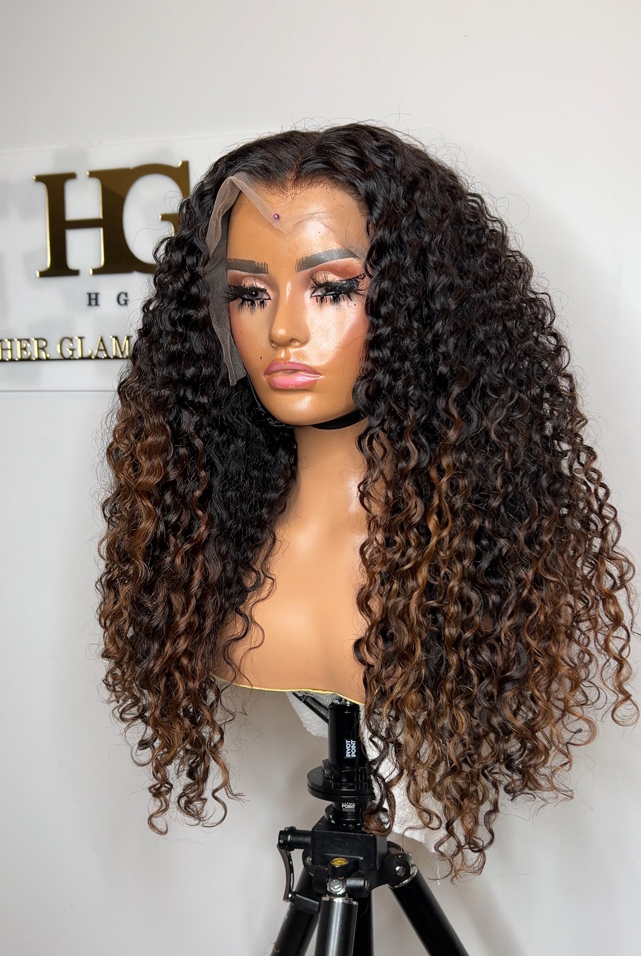 13*4 CUSTOM COLOR UNIT BURMESE  CURLY BLACK WITH BLONDE HIGHLIGHTS READY TO SHIP
