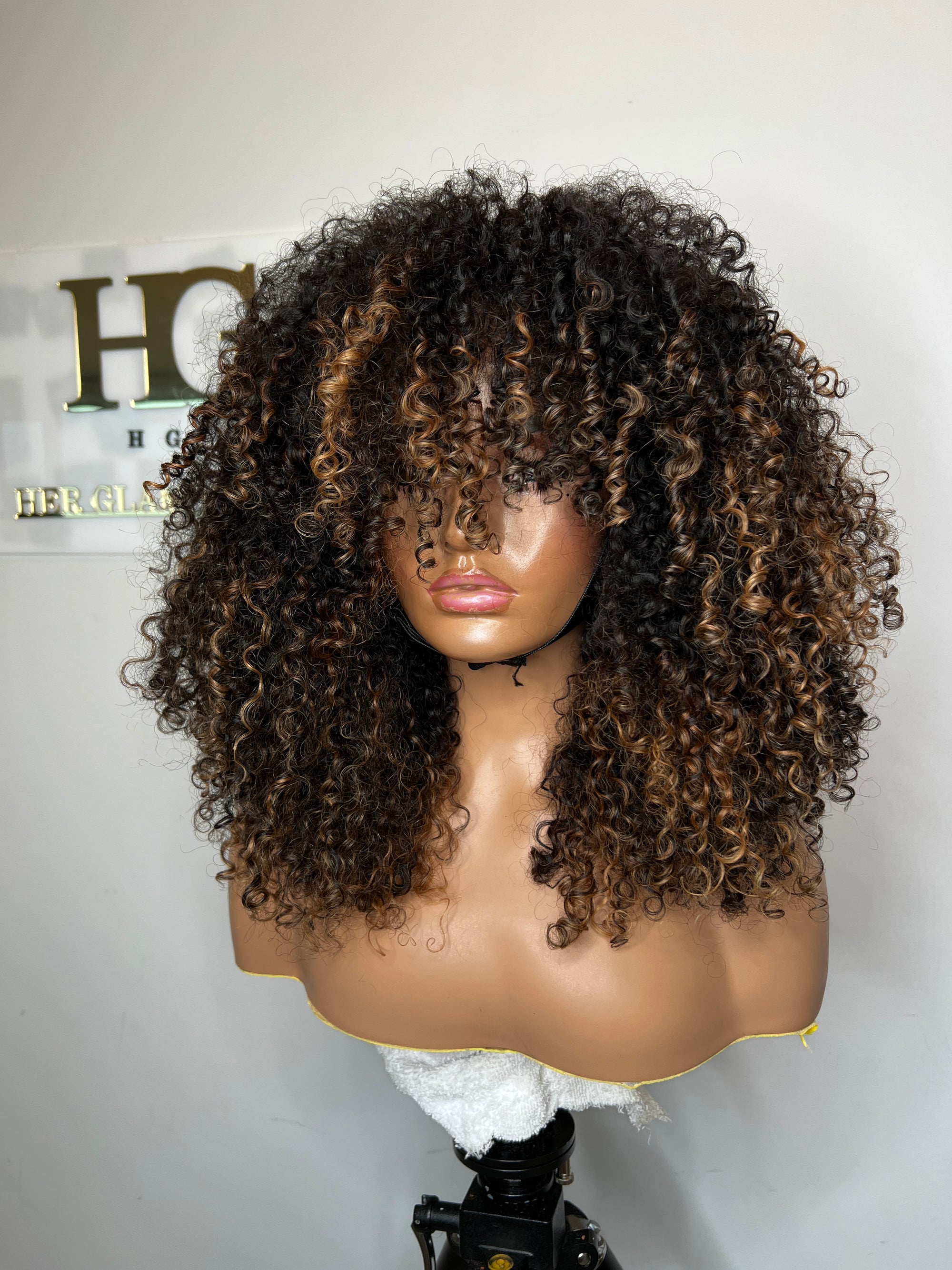 READY TO SHIP RAW ELITE KINKY CURLY 5*5 CLOSURE WIG 20” FRINGE WIG. CUSTOM COLORED BLONDE