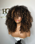 READY TO SHIP RAW ELITE KINKY CURLY 5*5 CLOSURE WIG 20” FRINGE WIG. CUSTOM COLORED BLONDE