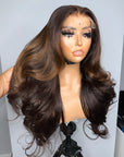 5*5 HD lace SEA WAVY 24” brown base with caramel highlights